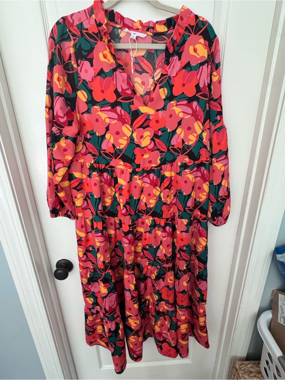 Floral Tiered Midi Dress in Multi Pink and Green